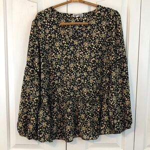 Pleione Ditsy Floral Boho Crochet Ruffle V Neck Peasant Top Size Large